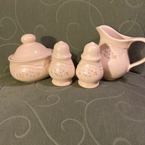 Pfaltzgraff Remembrance creamer, sugar bowl with lid, salt and pepper set